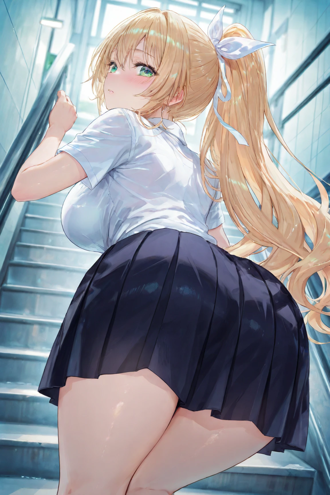 Shooting from behind、Shooting from directly below、Cinema Lighting、Highest quality、Station stairs、Photo taken from the bottom of the stairs、Station stairsを歩いて登る女の子、Huge breasts、Beautiful breasts、(Kitagawa.Marine)See-through panties、high school girl、orgasm、Bukkake、whole body、Walk up the stairs、Ass、Ass
