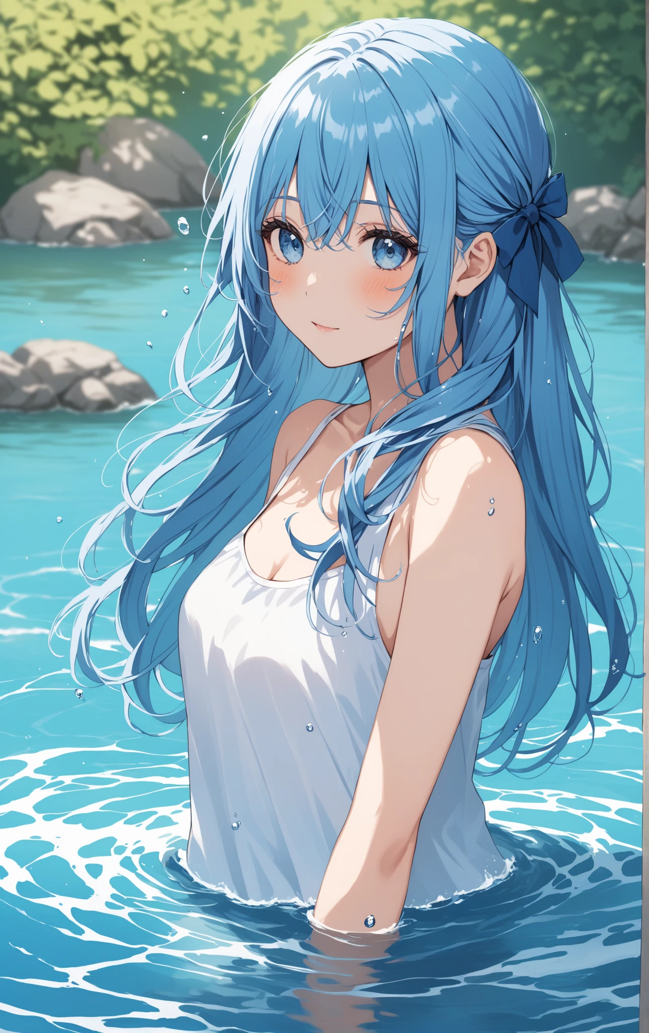 bunnygirl, blue hair, blue eyes, long hair, wearing white tigh shirt, no wearing pants, flat breast, holding a ball, blush, water, beach, in water, super happy, playing, 8k quality, littlegirl