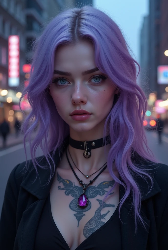 realistic portrait of a 25 year old woman, intense gaze, brown eyes, soft smile, freckles on her face, violet hair, colorful tattoos, horror makeup, eyeliner, thin red lips, black skirt, silver accessories, jewelry silver, rain, storn