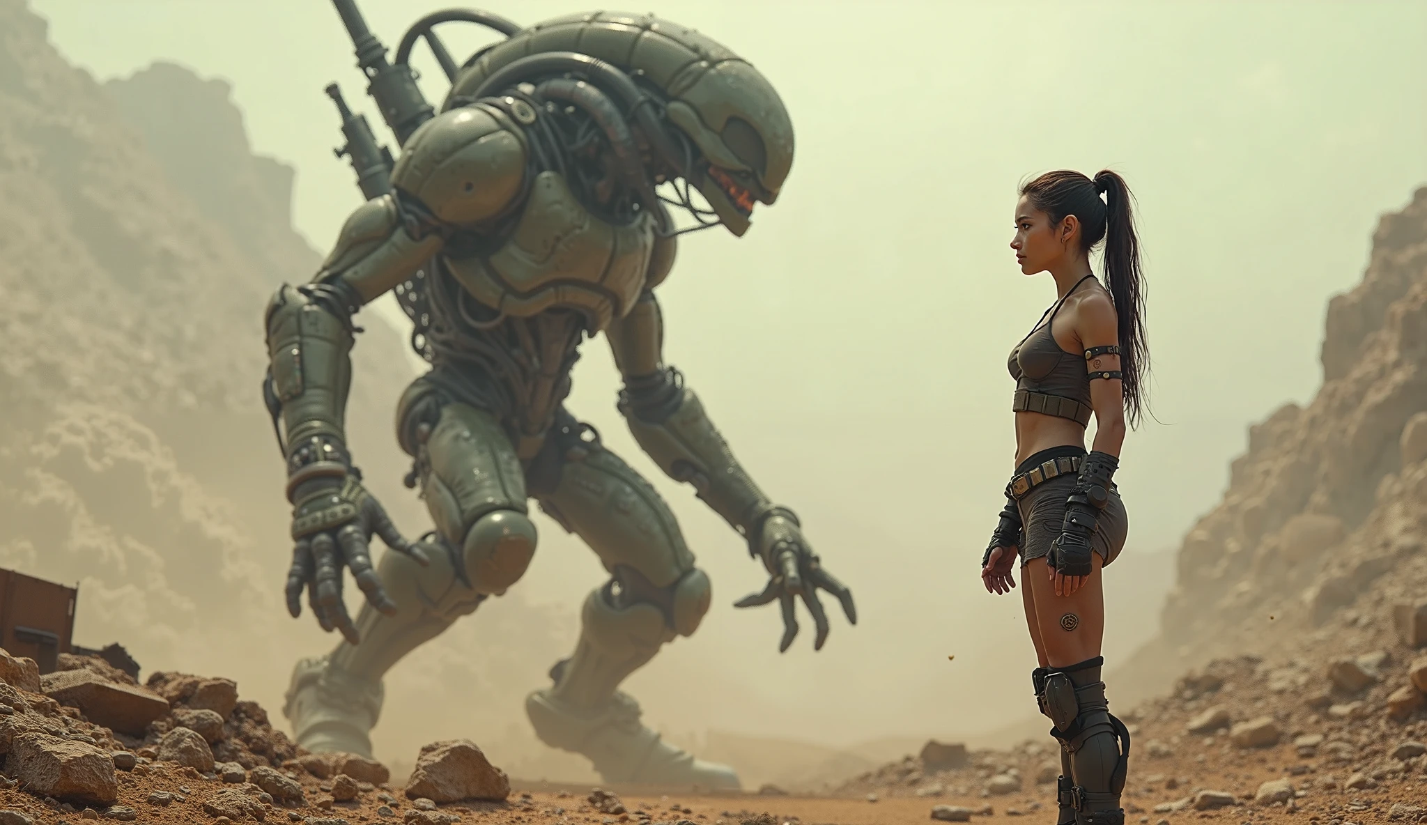 A frightening alien cityscapes, flying vehicles. At night, 1 technologically advanced, organic-realism-infused humanoid female robot, solo, photo realistic, medium-breast:1.3 slim body, cleavage, sling top, miniskirt, (matrix style black sunglasses, holding a short gun), half-body thigh level medium shot, cinematic lighting, ray tracing.