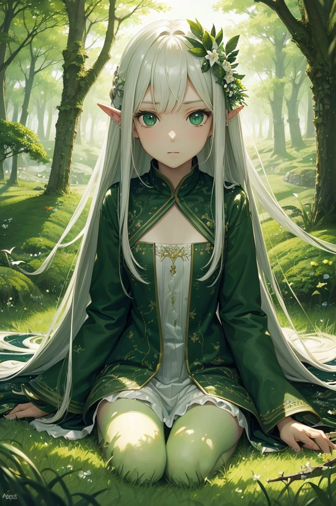 (Absurd, High resolution, ultra-detailliert)masutepiece, Best Quality, Ultra-detailed, Extremely detailed, 4K, 8K, Best Quality, Beautiful 3, Realistic, Real, Gradation, forest, spring, Cute little girl s, 1girl in, Solo, elf, Spirit, Beautiful green hair, Beautiful green eyes, Beautiful eyes, White-skinned, Long hair, Transparent hair, translucent hair, Hair ornaments, lightsmile, sparkling effect、Lots of green、in green