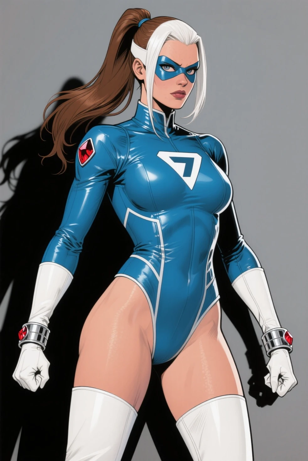 a close up of a woman in a green and blue costume, full body portrait of jean grey, dinah drake, cassandra cain in satin, jean grey, portrait of jean grey, complete body view, cables on her body, full body close-up shot, style mix of æon flux, in a style blending æon flux, comic book character, lingerie (cloth, cotton), HD