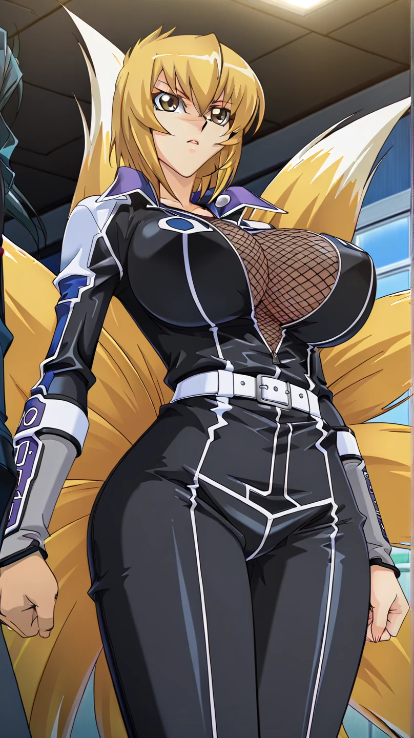 feet out of frame, masterpiece, hyper detail, intricate details, beautiful detailed, colourful, (shiny skin:1.3), (disheveled hair:1.2), detailed background, intricate background, highres, best quality, , 1girl, solo, long hair, disheveled hair, looking at viewer, full body, sexy, , outdoors, huge breasts, bodysuit, makeup, (pasties:1.2), evening,