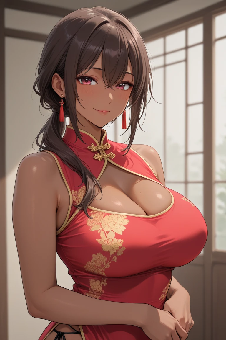 1girl, solo, jewelry, hair ornament, long hair, necklace, chinese clothes, navel, skirt, blurry background, bare shoulders, brown hair, looking at viewer, blurry, midriff, black hair, hair bun