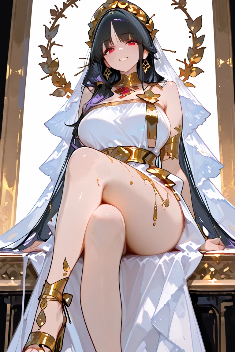 White Chinese Dress. Shiny long black hair, A benevolent smile, 30 year old nun.(White Veil),Gold cross around neck, Dark blue eyes,, Shapely large breasts , Beautiful breasts,