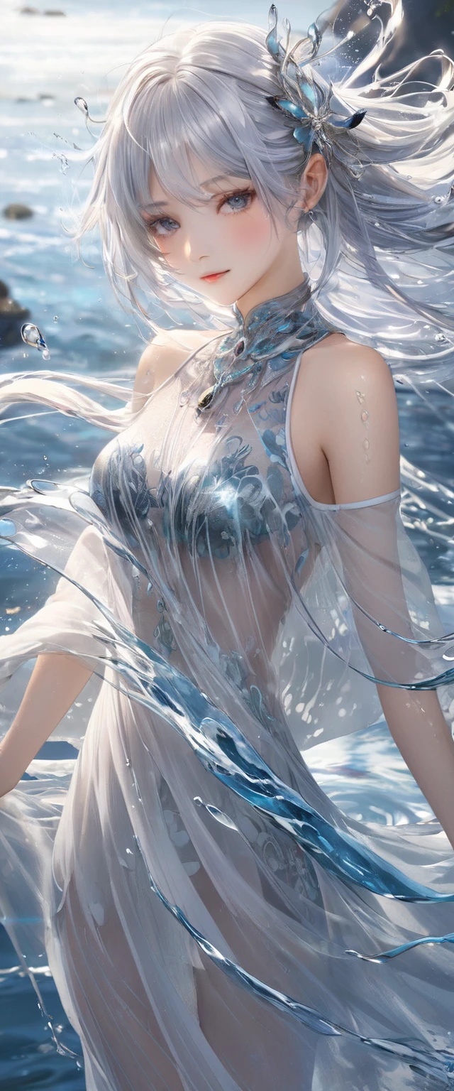 <lora:xl0918ice-water:1>,white hair,water,1girl,(water ring:1.4),High quality,masterpiece,A beautiful woman is surrounded by a water ring,Water splashes,wallpaper,(translucent white gauze dress:1.3),(:1.3),ponytail,walking,splashing water,fantasy,medium breasts,cleavage,slender,
