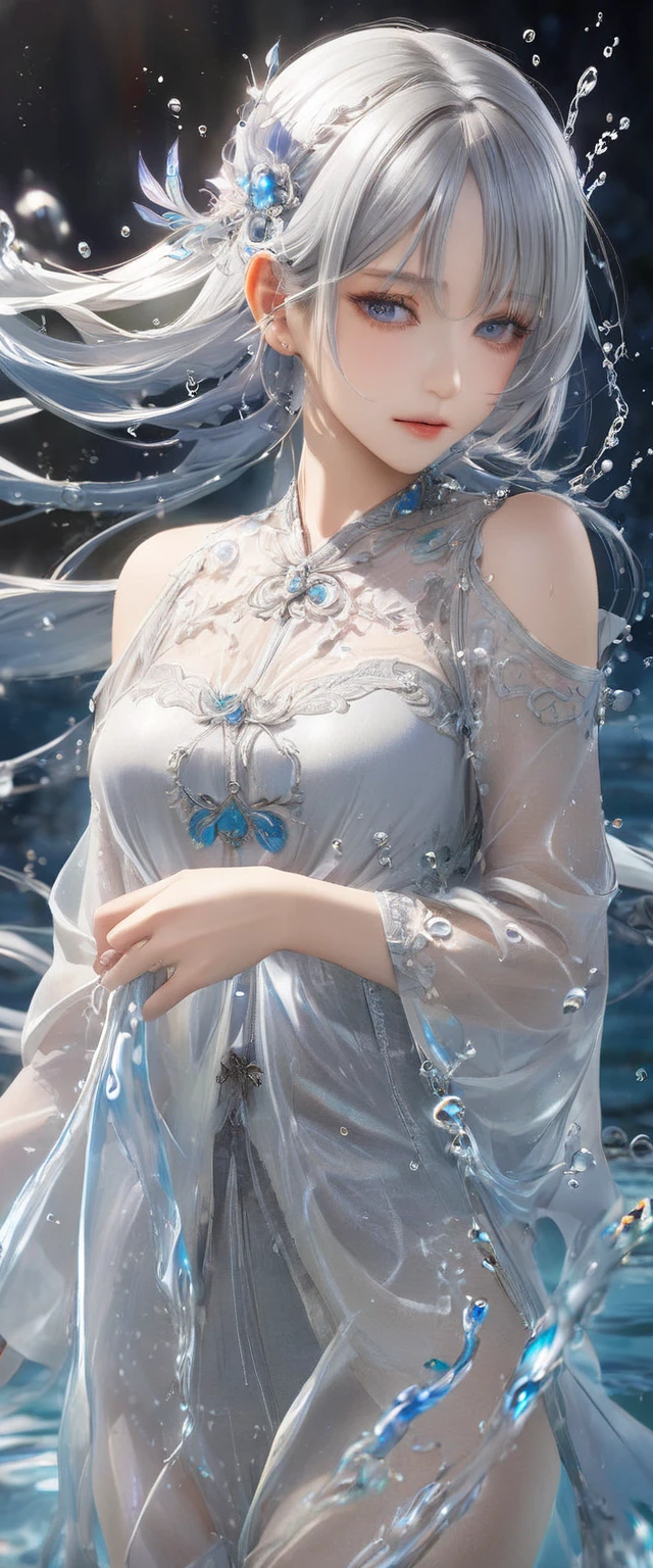 Beautiful Japanese woman in an anti-gravity environment, Highest quality, 8k resolution, Very detailed, Realistic:1.37, Mature Woman, Elegant woman, Sophisticated woman, 55-year-old married woman, [Small breasts], beautiful and soft breasts, [Focus on the whole body], [Fine Lines], Beautiful Lips, Sparkling eyes, Look straight ahead, [Red lipstick], Underwater, Ocean中, Ocean, Mermaid-like, Low Ponytail.