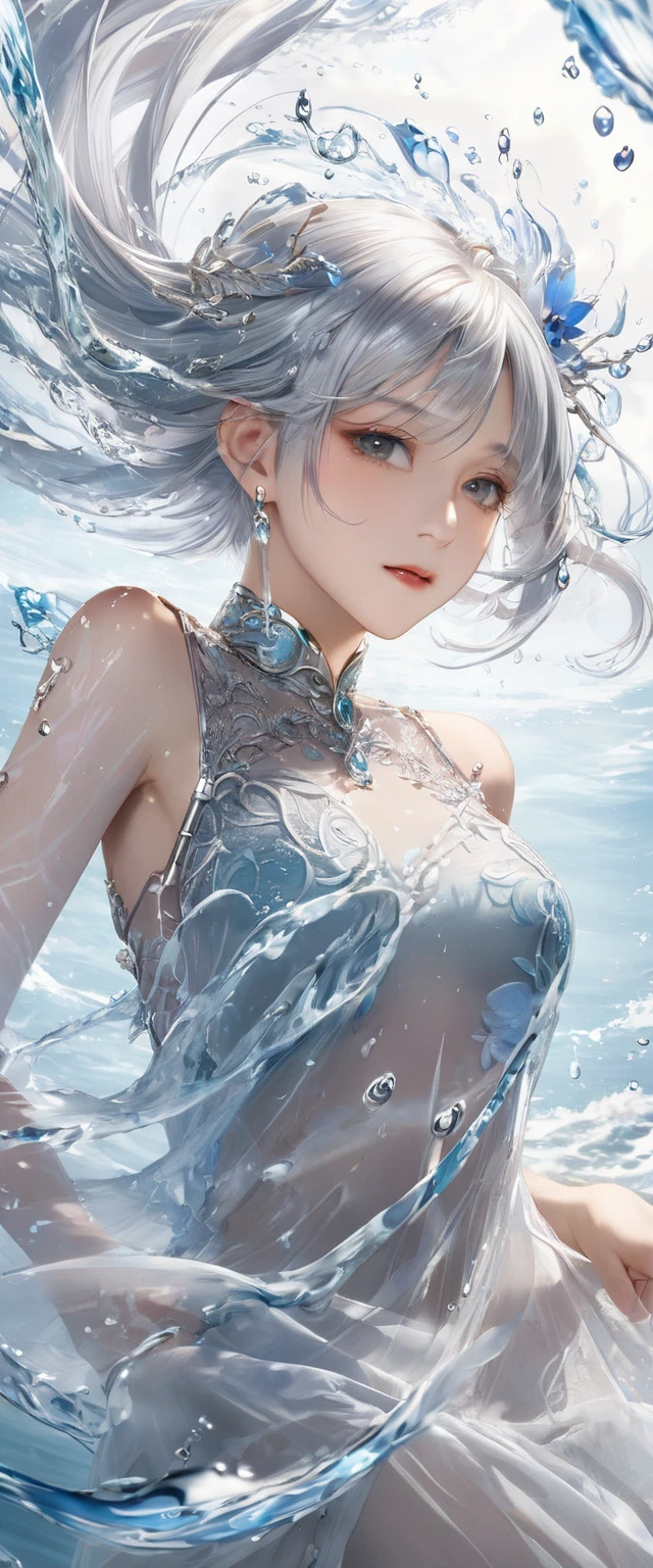 1 beautiful girl、Solo、From diagonally above、Realistic、Good anatomy,Skin Texture、Middle chest、white hair、Silver long dress、goddes