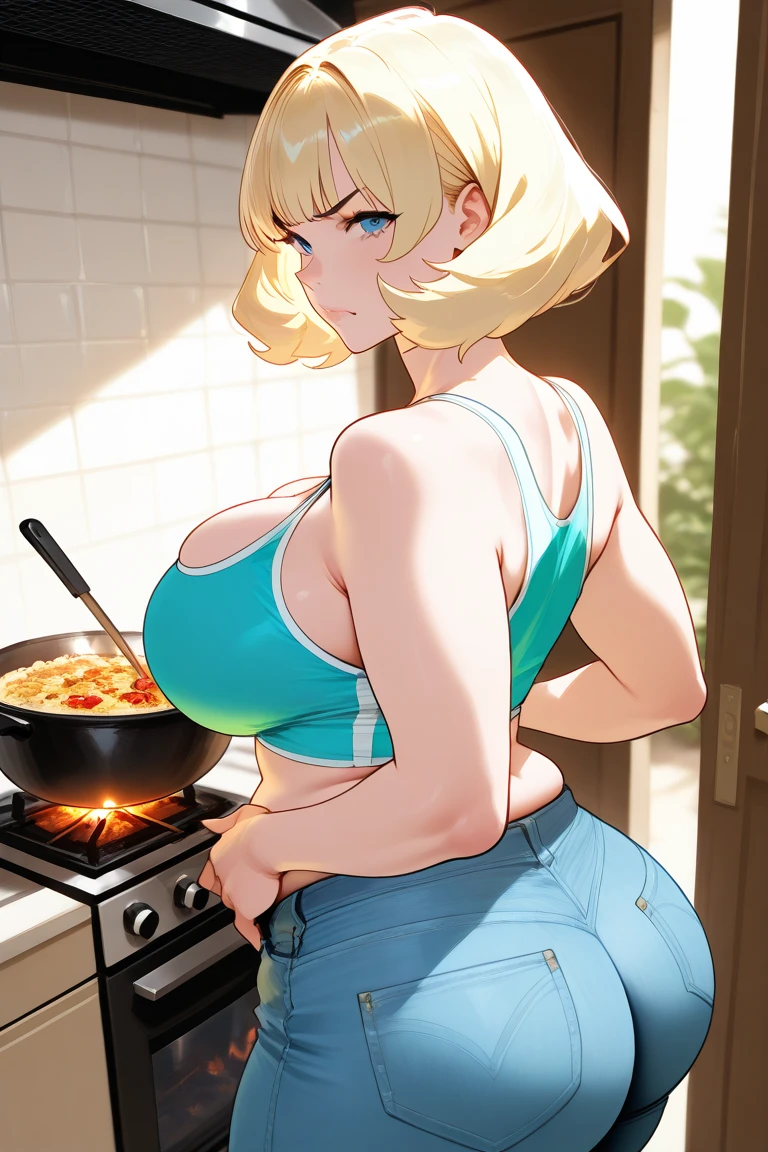 score_9, score_8_up, source_realistic, Realistic photo, photo, real, Realistic, score_9, score_8_up, score_7_up, source_anime, score_9, score_9, score_8_up, score_7_up, source_anime, 1girl, solo, boob window, cow pattern crop top, no bra, big tits, standing, holding a tray of burned food, gown, cooking, kitchen, android 18, dragon ball, front view, looking at viewer, embarrassed, shy, tray on table, arms behind back, blue Eyes