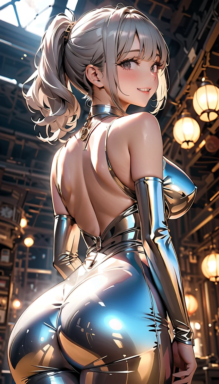 (from above:1.2),(from side:0.9),(A masterpiece of image quality in 8K),(Beautiful Allafed Woman),(((emphasizing breasts:1.1))),(Dynamic angles),(Dynamic and sexy bending pose:1.3),(sit a chair:1.1),(Short hair in shiny silver and orange inner colors,small full breasts,Disturbance of clothing due to movement,breast slip,(Ponytail twisted buns adorned with elaborate braids and beads,Braided Setup Fishbone Hair,),(see-through bangs),(perky chest:1.1), (pointed chest:1.3), small breasts、(((A white lace apron that shows your bare skin from under your small breasts)))、Blush with embarrassment、Enraptured eyes、A smile that beguiles the viewer、(Look back:1.7)、Look into the photographer,skin glistening with sweat,gazing at viewer,,(Professional Lighting),(8K,masutepiece,top-quality,Ultra-high resolution output image,),(Ultra HD with complex detail image modes),depth of fields,Beautiful hands,Beautiful fingers,Detailed finger features,(Detailed hair features:1.7),detailed facial features,detailed clothes features, (perky chest:1.1), (pointed chest:1.3), seductive weak smiling,(with sparkling eyes and a contagious smile),little open mouth,