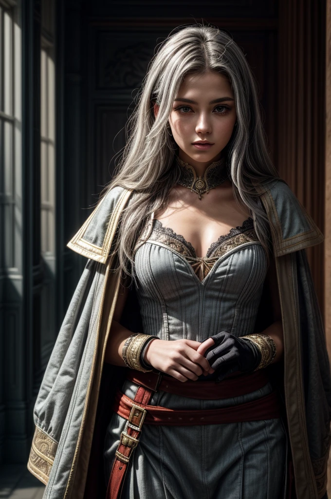  beautiful Asian girls , , 18 years old. Open ?????, Buttonless Shirt, ????????????, Size 45 inches ,  Young woman, women likely to be Asian, A female fantasy warrior standing in an ornate, vintage library. She has short, ash-blonde hair adorned with a metallic flower accessory. Wearing a black leather cape with intricate embroidery and a white tunic, she wields a large, elegant black and gold sword with a unique, ornate hilt. The background features tall wooden bookshelves filled with books and a red velvet curtain with white tassels. Warm lighting and particles in the air create a magical, regal atmosphere. Highly detailed, cinematic, cosplay-style portrait.