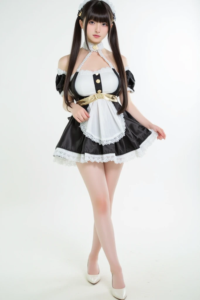 Tween girl dressed in a black and white outfit and a straw hat, gorgeous maid, wearing maid uniform, maid, maid outfit, french maid, maid costume, , maid dress, anime girl in a maid costume, cosplay of a catboy! maid! dress, hot petite,  girl, with black pigtails, hot  teen girl, 