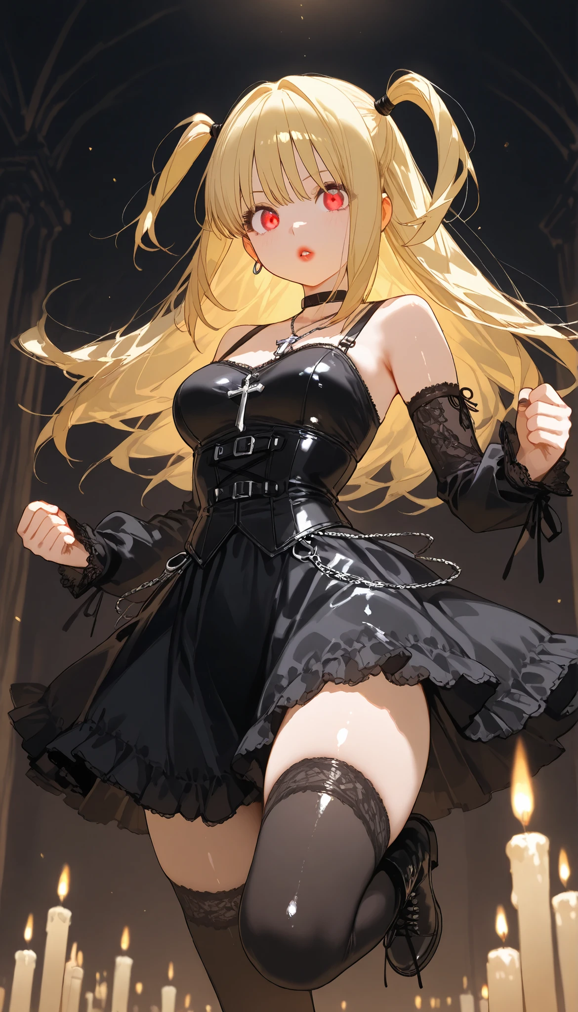 amane misa, 1girl, blonde hair, red eyes, bangs, long hair, two side up, red lips, gothic,ta fashion, black dress, black choker, black detached sleeves, cross necklace, black thighhighs, black lace-up boots, dynamic pose, bodice,
, gothic, candles light, dim light
, at night, high shadows, shiny skin, shiny clothes, impossible clothing, glowing eyes,