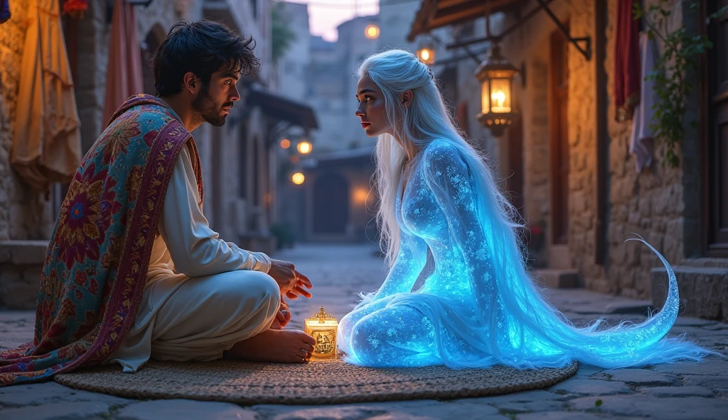 In Realism style with touches of fantasy, a young silver-haired elf in a light blue dress is kneeling, embracing a dark-haired human man in rumpled sleepwear. The man's hands are caressing the elf's hair. The door to the room is open, revealing morning light. A sunbeam illuminates the two characters.
The elf's expression shows happiness and unconditional love, while the man's expression conveys love, sadness, and doubt.