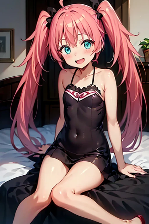best quality, insanely detailed, nino nakano, breasts, blush, bedroom background, bare-shoulder, looking at viewer, a black ribbon, stockings, open pussy, smile, lingerie garterbelt, cheerful eye, Legs open to the left and right