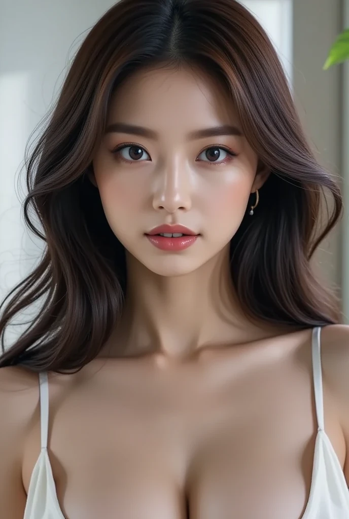 (Photorealistic、Masseter muscle area、Highest quality、High resolution、RAW Photos)、（full body, glamorous body,Perfect Detail）Realistic、Bright lighting、Face Light、Smooth Professional Lighting、pretty girl、Beautiful woman、Modeled、gravure、natural makeup、so beautiful、Realistic and beautiful skin、plum thighs, Beautiful and detailed、Detailed face、Big tits、Cleavage、wavy hair、Brunette colored hair、Brown eyes, cute face,  Big eyes, full lower lip, Straight nose, large dark eyes, Smaller chin , looking at the camera、take a picture, Seductive Pose,  Sexy lingerie++,Enraptured eyes