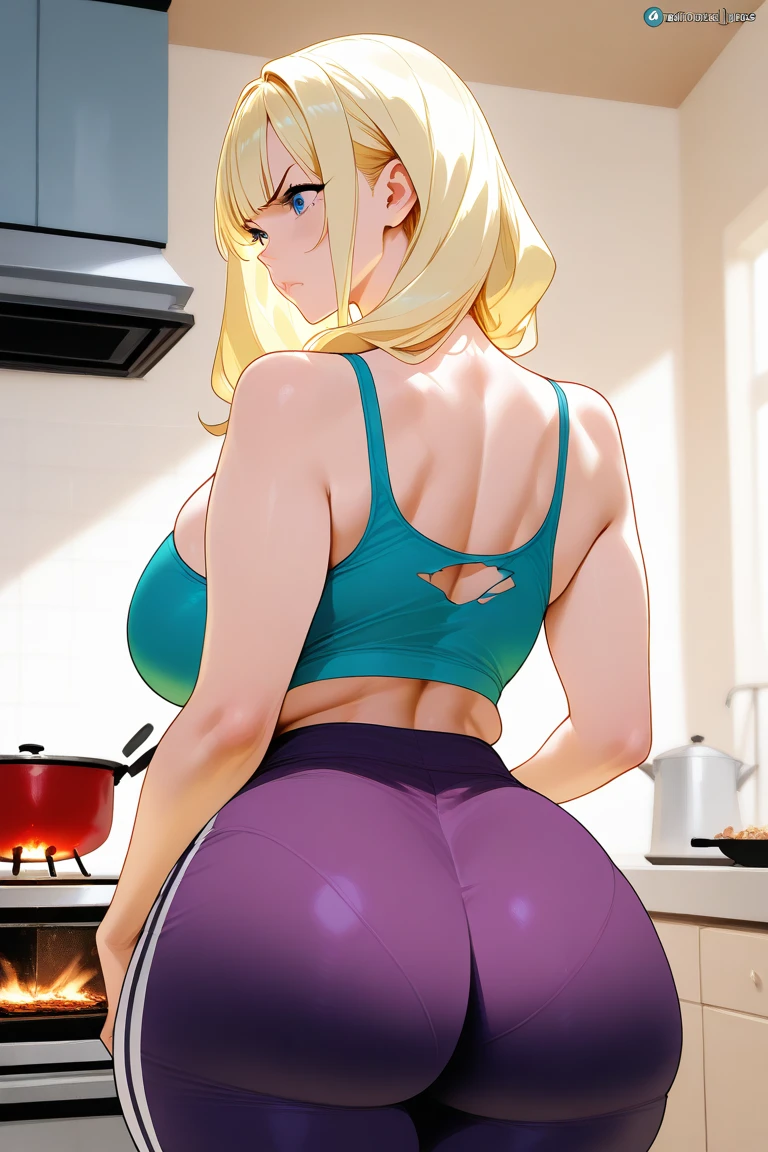 ((Bimbo))), Long Blond Hair, surprised look, concerned look, Puffy lips, Painted lips, thick lips, small , wide hips, thick thighs, Huge ass, The face of craving desire , cleavage, mature mom, standing at sink, teasing, athletic shorts, guy is groping her ass, guy is grabbing her ass, ass being squeezed, view from side