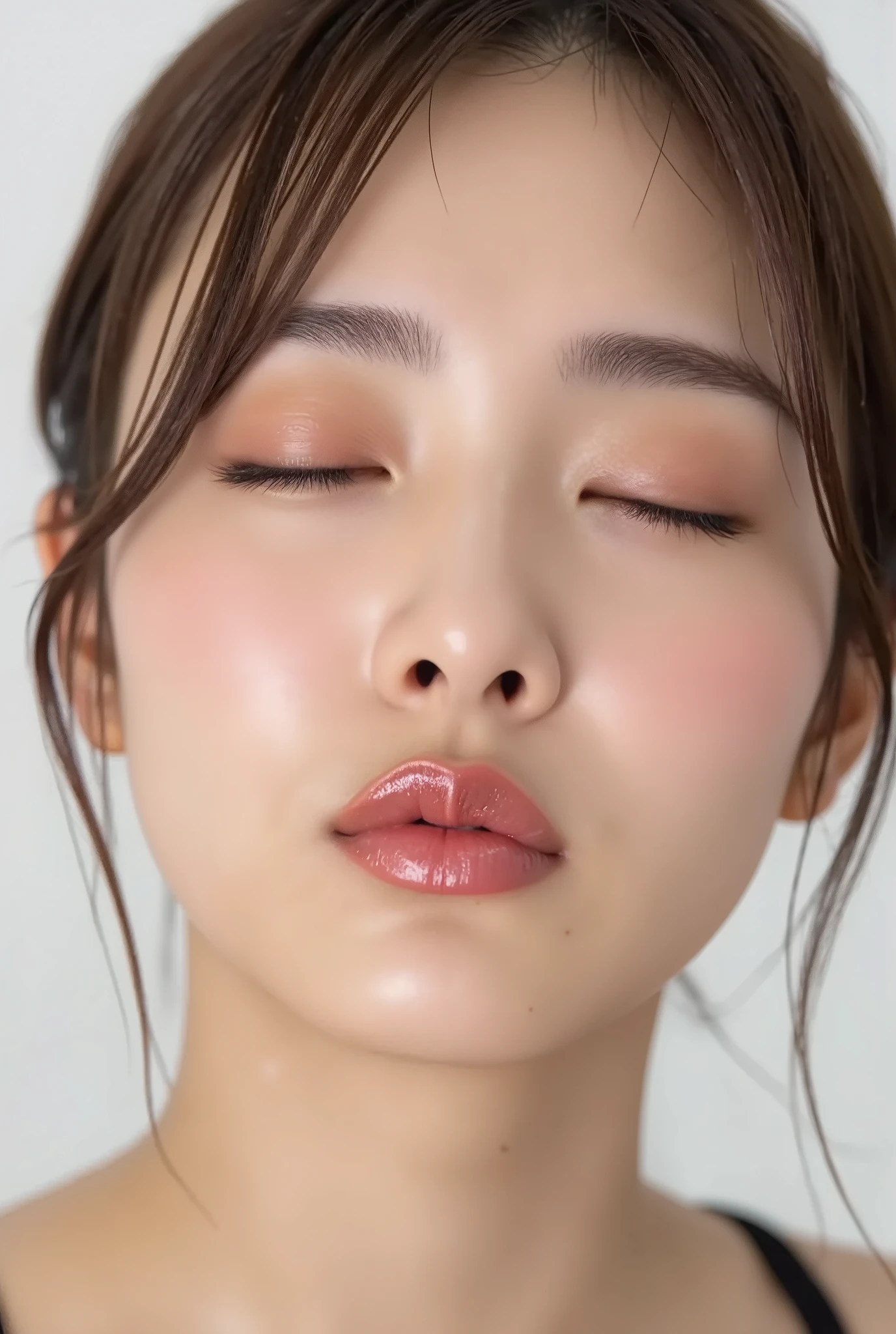 ultra-detailed close-up of a beautiful modern girl, collarbone-up composition, white studio background, soft natural lighting, soft focus on background, 
camera angle slightly elevated (about 60 degrees), subject's chin gently raised, head and face facing forward, body posture suggesting slight tiptoeing, 
eyes gently closed, dreamy and euphoric expression, cheeks and ears flushed with bashful blush, lips tightly puckered and strongly protruding, 
mouth forming a rounded "O" shape like whistling or blowing a kiss, kissy lips, extremely glossy and moist lips with shimmering highlights, 
natural-looking shiny lip gloss as the only makeup, skin is matte with visible peach fuzz and realistic pores, 
subtle facial contour blur to guide viewer’s gaze toward lips, cute and soft dere-dere mood, 
deeply affectionate smile while puckering, hands behind the back and not visible, black camisole straps slightly visible, 
overall overflowing with affection, adorably seductive and shy charm, longing and dazed joy, subtly coquettish expression, 
no vintage look, fully modern skin tone, hair texture and color corrected to current aesthetic standards
