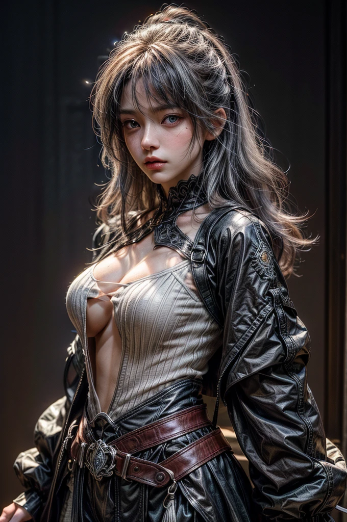 ((Highest quality)),(Ultra-high resolution),(Very detailed),(Detailed Description),((The best CG)),(masterpiece),Ultra-detailed art, Black background、Dramatic lighting1.2、Gives off a radiant aura、semi-long、(((Mid-shot photo 1.5)))、Always look at the viewer with a sharp gaze、、leather jacket、put on top of naked body、