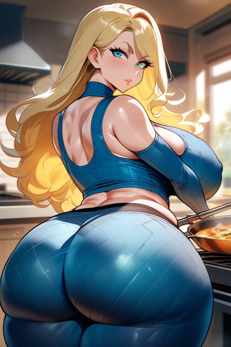 1girl, mount lady, boku no hero academia \\\\\ masterpiece, best quality, very aesthetic, absurdres, newest \\\\\\ sportive body, \\\\\\ by dodok, nyantcha, cutesexyrobutts, by khyle ///// blonde, purple eyes, , 24 years old,kitchen, wearing only apron, big tits, naked
