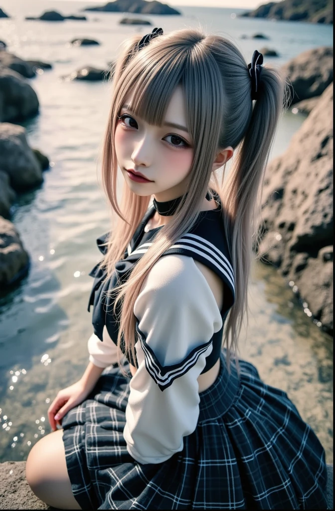 (highest quality, masterpiece), One girl, Twin tails、Pause, particle, Wind, flower, Upper Body, Simple Background, View your viewers, , Milky Way,smile、(Silver Long Hair)、cute、Twin taililky way、Crescent Moon