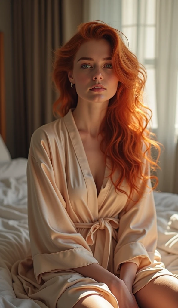 ultra realistic, photography, long red hair, girl, 24 years old, hourglass figure, perfect body, Flirty look, beautiful detailed woman, intricate and detailed face, long lush hair, soft lighting, photorealistic, high quality, cinematic, dramatic, warm color tones, facing the camera, Nikon z fx, lens 35 mm, blur background, she is in the bedroom sitting on the bed, she has messy hair, she just woke up, she wears a satin nightgown, she is stretching her arms in the air and has her eyes closed, closed eyes, eyes are shut
