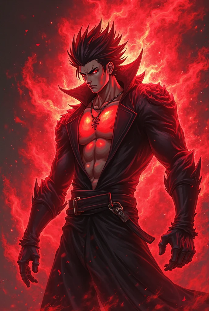 Anime Man with long hair black and red. bright yellow eyes, very muscular with a halo above his head and small halos around his wrist. Dark black jeans with white shoes and 2 swords hilt on each side of his waist