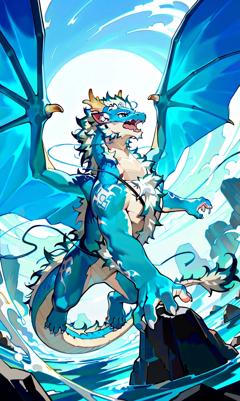 ((drawn by wadorigi on Twitter)(realistic dragon with wings and hornipedal, male proportions, big, muscled, wearing pampers disposable soggy diaper with blue snowflake shaped symbol, throwing icy wind from claws, Kung fu battle pose, surrounded by mist, surrounded by snowflakes, blizzard, in cruise, ocean