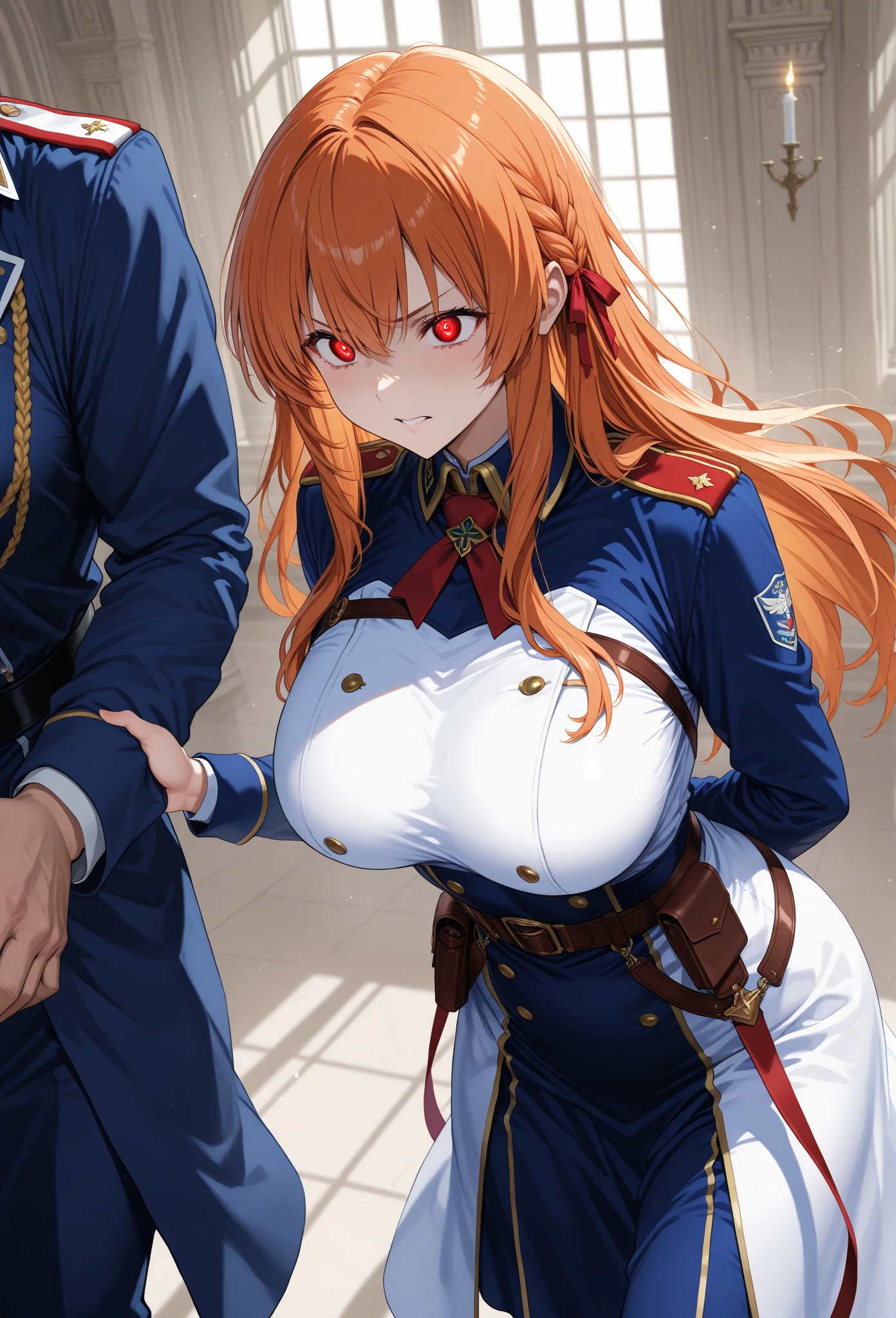 POV Fuselage Grab, ((SEX)), Lying, 1girl in, moaning, (is crying), (Spread legs), 双臂在头后,(((penis: into pussy: blood stained))), (orange hair), (braid hair), (twin braids), (straight hair), (blunt bangs), (Maid headband), (), (dark blue eyes), (large full breasts:1.3),(thighs thighs thighs thighs:1.1), Large breasts, (round breast),
