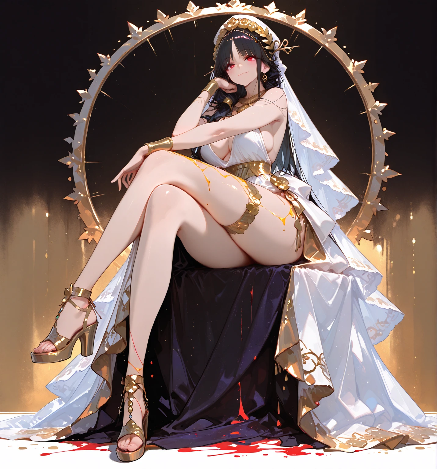masterpiece,(bestquality),highlydetailed,ultra-detailed,light, at the palace, in a halterneck harem outfit ,gold_choker, belly_chain,necklace and veil, 1girl,,{black hair} (long whitr hair)(Lateral hair)(Shawl hair)(hair straight),(glasses),(Yellow eyes),fleshy feeling,fleshy legs,large breasts