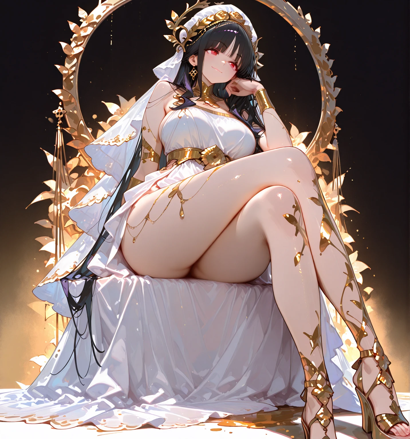 ((highest quality)), ((masterpiece)), (detailed), (Perfect Face)、The woman is Marina Katsuragi and has long brown hair.、A gorgeous gold long slit see-through dress that lets you see through to the skin, a see-through cape with fur, a jeweled necklace, a tiara, earrings, a head dress up chain, a waist chain, bracelets, ankle bracelets, etc.々She wears lavish jewelry and shiny gold boots.