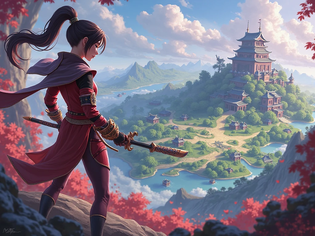 Masterpiece, best quality, (very detailed CG unit 8k wallpaper) (best quality), (best illustration), (best shadows) (male), sekiro on top of a cliff, looking at Ashina castle, feudal Japan, Ray tracing, sinister environment, ultra detailed, , impressionism style , japanese warrior samurai, in attack position, blade, holding, vector style, t shirt design. --v6