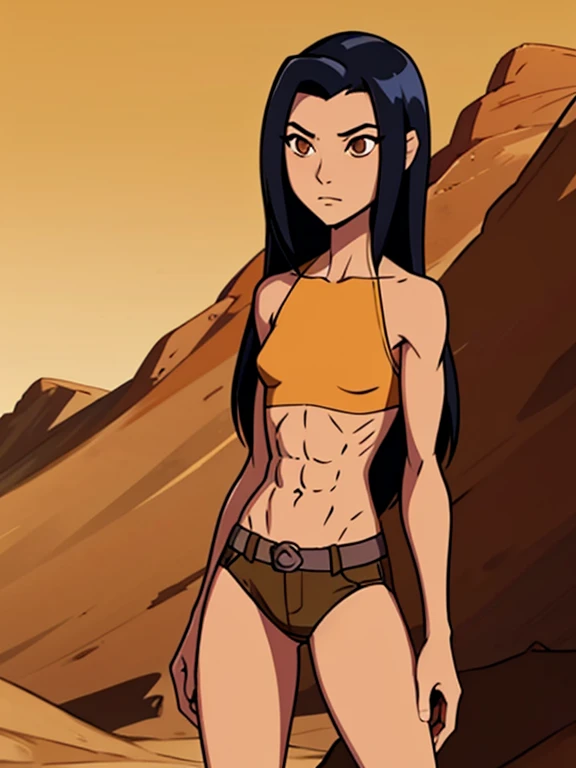 Native girl,slanted eyes,black hair,brown eyes,long hair,sunkissed,desert background, abs, flat  girl,slim waist,skinny girl,nice legs,cowboy shot,