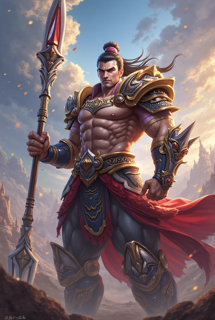 Powerful warrior, upper torso unveiled, lower body uncovered from thighs to feet, cascading long curls, meticulous muscle definition, lifelike depiction, 4K resolution. Background: Mythical fantasy landscape.,32k uhd, best quality, masterpiece, super detail, high details