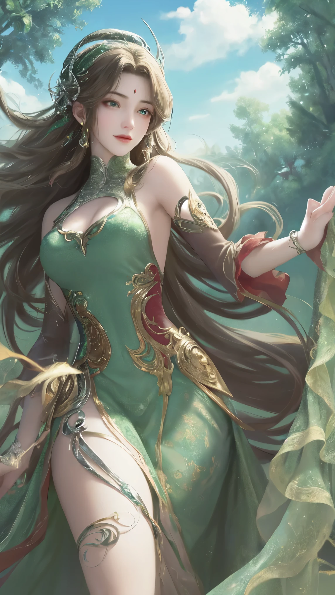A masterpiece  ,   high quality ,  Best quality ,  Official image ,  Beautiful and beautiful :1.2, 1 girl:1.3,  Extreme details, Fractal Art:1.3,  brightly colored, Highest detail，green eyes， green clothes，Brown hair，Headwear