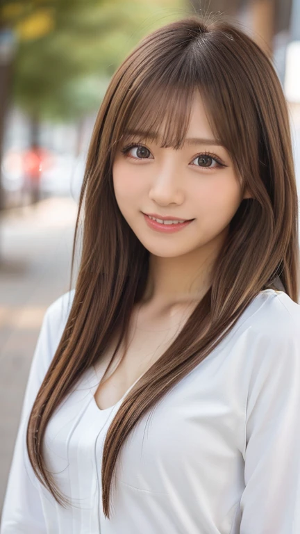 Tabletop, Highest quality, Very detailed, High resolution, 8k wallpaper, Perfect dynamic composition, One Japanese woman,Perfect female body,Beautiful and beautiful eyes, Cute eyes,Standing with the whole body,Natural Lip,Mid-chest,Beautiful dress,Playing in an amusement park,Very fine grain definition,(Round face),beautiful girl,20-year-old,Realistic,Tiny bangs,Droopy eyes,A kind smile,Brown Hair,Aligned teeth,Natural Light