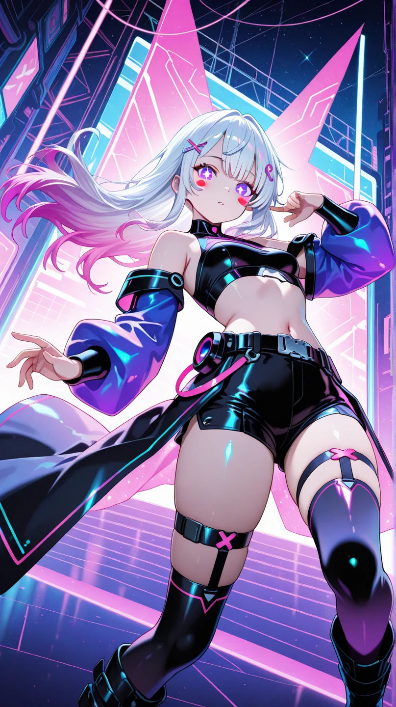 Anime Kawaii sexy Perfect Slim sensual body large breast and huge thighs, An intricate and highly detailed illustration of anime (Young girl). personagem de anime, futurista, ciberpunk, holding a microphone in the right hand Walking while singing Headphones with futurista neon lights, bodysuit látex preto, cabelo preto comprido, elementos da cibernet, Mulher guerreira, mais alta qualidade, Brilho do macacão, Bela expressão, aquarela, Detalhes vívidos no body,