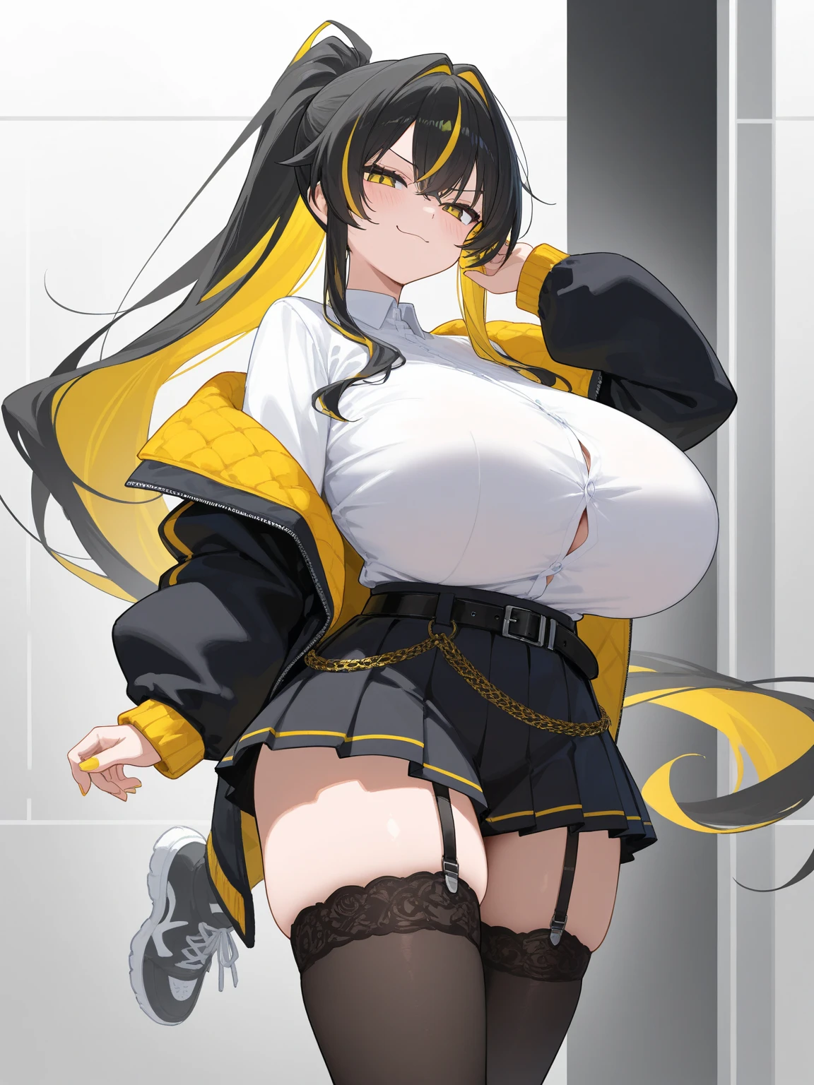 exited, smile, scream, Open mouth, young girl, Pullover, whole body to see, pigtails hair, (( very wide hips)), (((colossal Thighs, gigantic thighs, very huge thighs, very big thighs))), fullbody, platform heels, black skin, very Big breast , full body , yellow high cut leotard, tight stockings, big smile showing teeth, closed eyes, tanned, brown skin, standing, front pose,