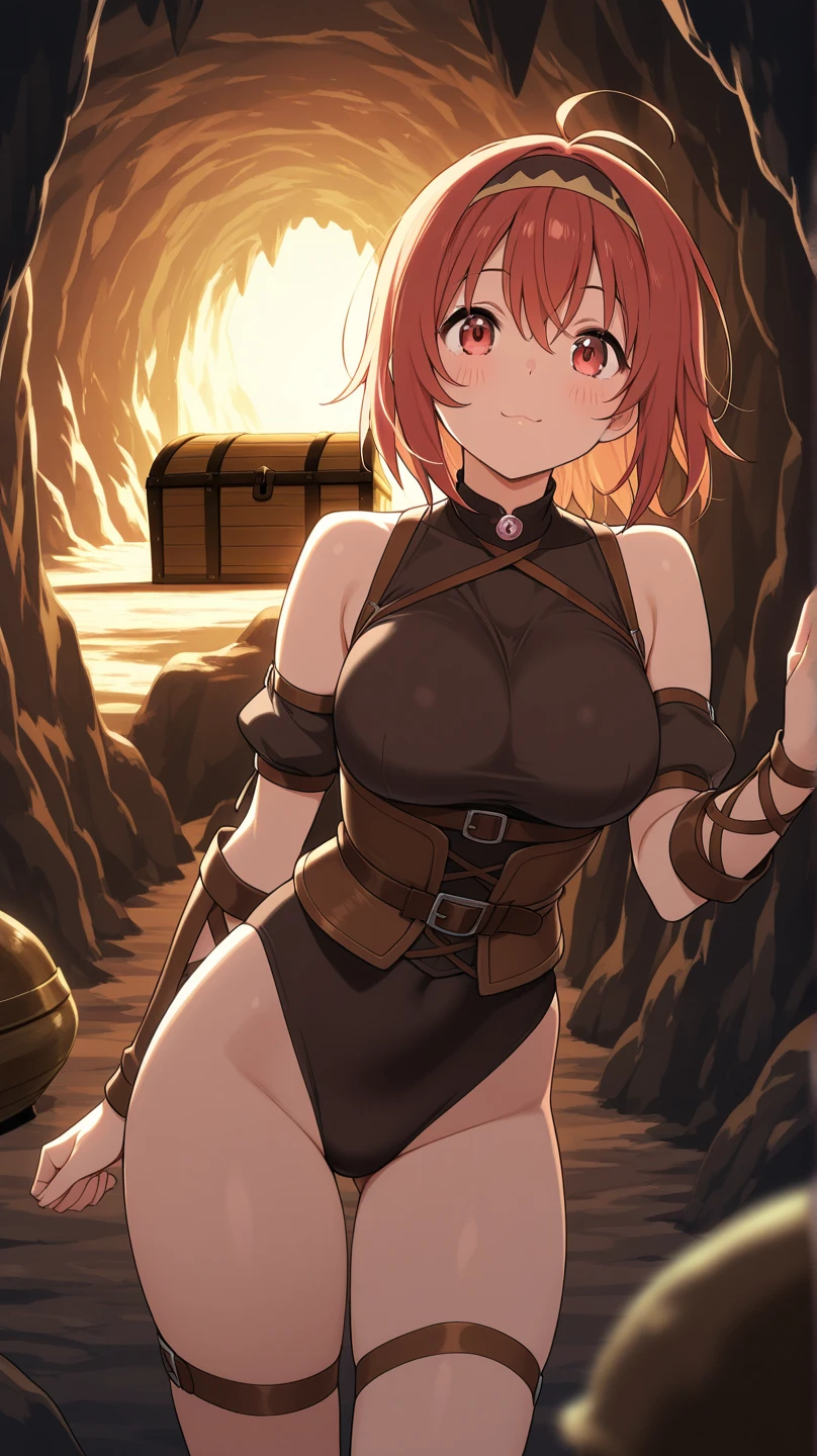 Arti future anime. Birds eye view, dirty woman supervillain standing in dilapidated house, wet messy hair over eyes, red eyes, detailed brown leotard, golden tight belt, bare legs, matching boots. vixip, close-up landscape, angry. Hand drawing, cinematic lighting, highly detailed. White, brown, red. Perfect composition, masterpiece, best quality, 4k, sharp focus. perfect anatomy.
