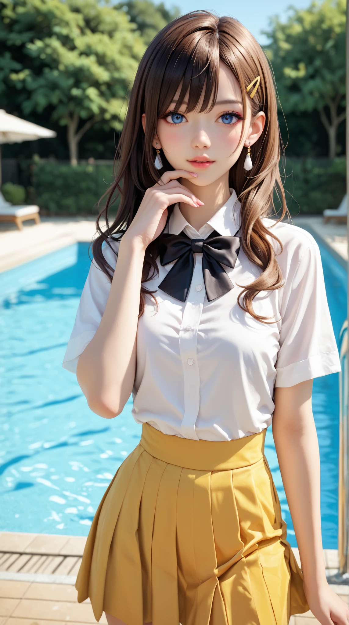 (One student 1.5),(true to life,Photorealistic 1.5),((best qualtiy, 8K, tmasterpiece:1.3)),SLR camera (二重まぶた,largeeyes:1.3),(smile1.5),(Full body photo 1.5)(One person 1.5)Clear focus 1.2, Perfect body beauty:1.4 , Delicate skin1.1,(Brown ponytail 1.6),(Wavy curls 1.4),(Pure desire 1.3)(Black pantyhose 1.5)(The leg length is one meter two,1.5),White shirt,Bow knot,Pleated skirt legs are slim,high-heels,With earrings,Wristband jade bracelet,Pool