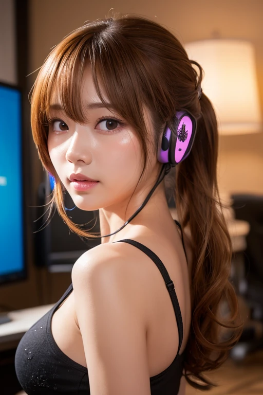 highest quality、masterpiece、Ultra-high resolution、(Photorealistic:1.4)、RAW Photos、(A girl tied to a machine)、13 years、Shiny platinum hair、Embarrassed look、Glowing Skin、((Ultra-Realistic Details))、Portraiture、Global Illumination、Shadow、Octane Rendering、8k、Ultra Sharp、Big Breasts、Cleavage、(Exposed bare skin underbust:1.4)、(Transparent latex micro bikini without strings:1.4)、Upper arm chain、Very intricate detail、Realistic Light、Trends of the CG Association、Purple eyes、Shining Eyes、To the camera、Neon Details、Sit on、Futuristic hair accessories、Gundam、Small LED Lamp、Purple neon lighting、Green neon lighting、, Showing your underarm hair, hard nipples erect:1.4, nipples pointing up:1.4, headset,