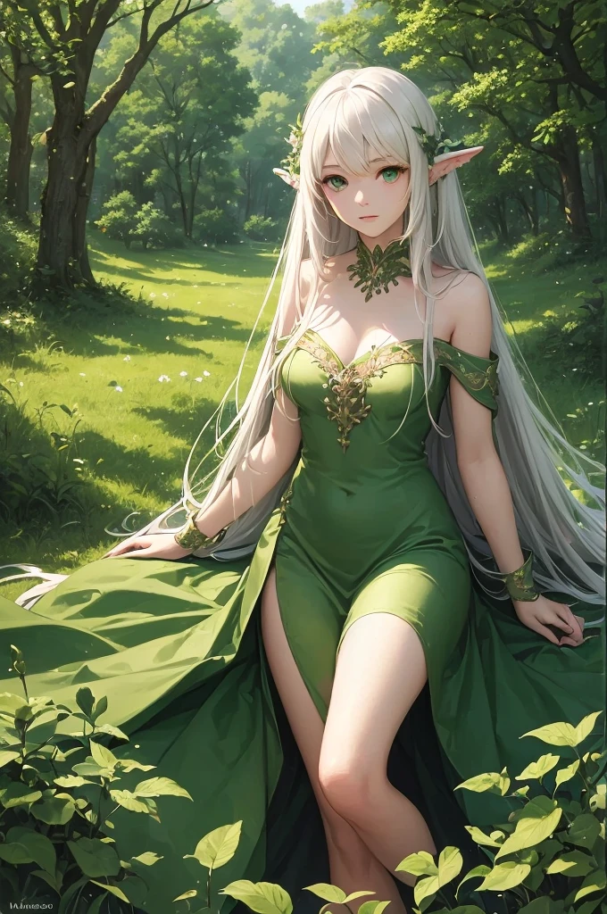 (Masterpiece) best quality, expressive green eyes, perfect round face, thin lips, elf ears, big breasts, green dress, jewelry, magic user, magical forest background