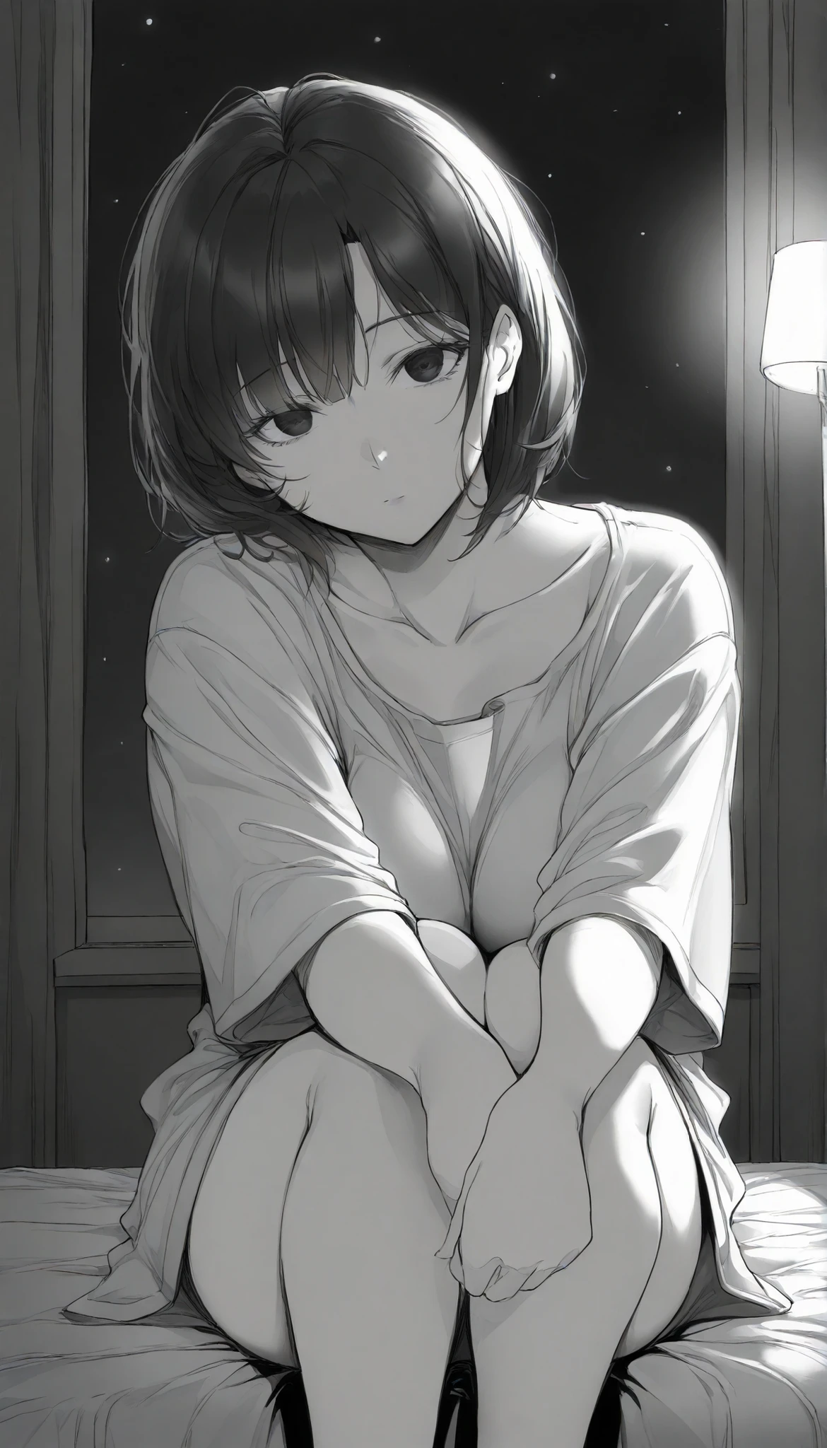 masterpiece,grayscale,manga,1woman, mature, medium bosom, solo, alone, black hair, short hair, bangs, messy, black eyes, dark eyes, night, sitting on bed, oversized shirt covering knees, staring at viewer, head turned