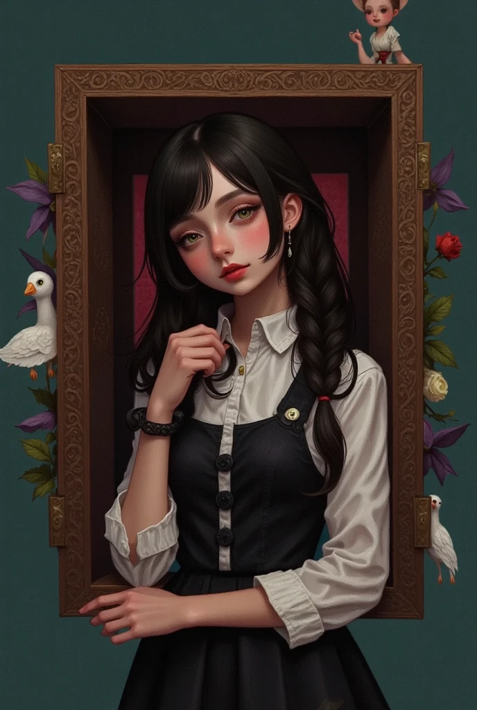 raw photo , 8K, ultra detailed, (anime, manga:1.2), (mona lisa), (round face),(chubby:1.0),(finger to cheek:1.3) 