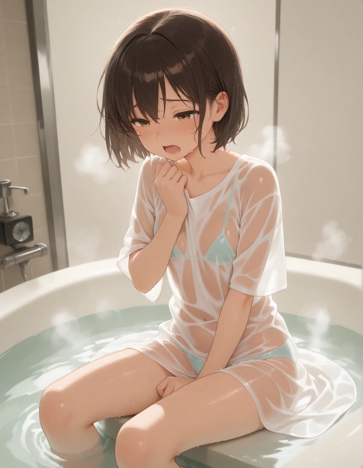 nsfw:1.5,sex,masterpiece, best quality, high quality, detailed, ultra detailed, hyper detailed, insanely detailed, exquisite, beautiful, FHD, Full-HD, 4K, 8K, 16K, highres, absurdres, hot spring, (1girl and 1boy), ((She has a bath towel wrapped around her.)),doggystyle,intercourse with a man,vaginal penis,sweat,drooling,cum in pussy,cum on body,(excessive cum),pojecile cum,excited, on all fours, short hair, black hair, black eyes, slim, beautiful breasts, beauty mark, shiny skin,oily skin,blush,