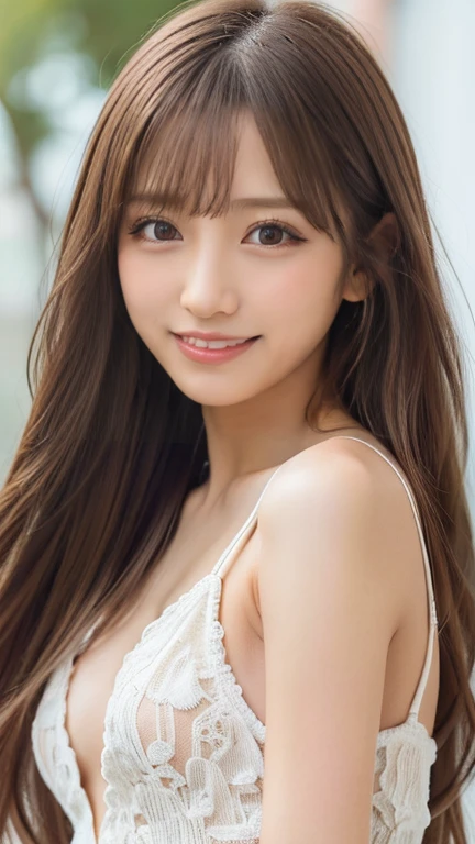 masterpiece, best quality, ultra high res, ultra detailed, sharp focus, 1girl, solo, a stunning pretty and beautiful Japanese sexy model, 19yo, looking at viewer:1.3, (bright smile:0.6), wearing a (blouse), dusk, sunset, night, realistic, Slender, (standing:1.1), (looking at the viewer:1.3), sexy gaze, blush, (upper body shot:1.6), medium hair, messy hair, asymmetrical bangs, light brown hair, messy hair style, ((Pure white camisole、Hands behind head、smile、Light clothing))、((underwear,