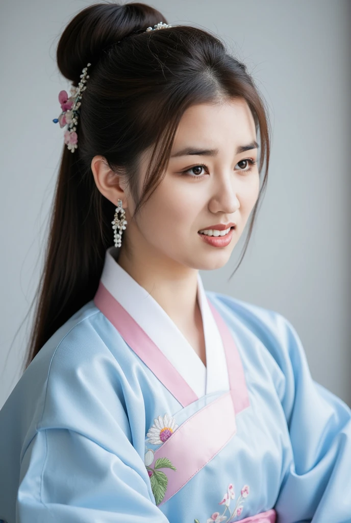 beautiful young woman face korean, modern hanbok ลายลูกไม้สีสดใส