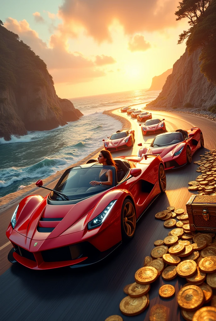 CREATE AN ULTRAREALISTIC IMAGE WITH A REAL-SIZE GOLD FERRARI, LINDA PARKED NEXT TO GOLD BARS AND OPEN SUITCASES WITH DOLLARS INSIDE, rubies and emeralds, convey depth, IN THE BACKGROUND A BEAUTIFUL MANSION with modern architecture, WITH 3 elegant WOMEN with sinuous curves and dressed in tight, short dresses. NEXT TO THE FERRARI A HANDSOME YOUNG WIZARD IN BLUE CLOTHES AND FULL OF JEWELS, PERFECT WIZARD HANDS WITH 5 FINGERS. Emphasize the wizard in the image
