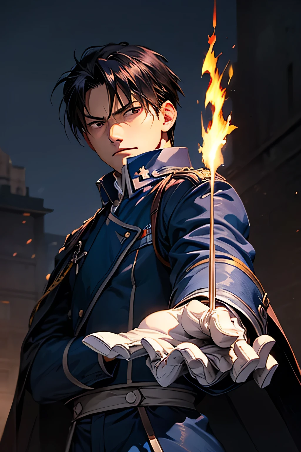 A young man with deep blue long hair, cold and resolute eyes, a slender face, handsome features, stands tall in front of a decrepit ancient city under the night sky, exudes a dignified demeanor, he wears a two-piece Western-Eastern hybrid black suit coat, matching black trousers, in each hand he holds a curved longsword emitting a faint, hazy blue glow that illuminates the surroundings, this character embodies a finely crafted fantasy-style swordsman design in anime style, characterized by a sophisticated and mature manga illustration art style, high definition, best quality, highres, ultra-detailed, ultra-fine painting, extremely delicate, professional, anatomically correct, symmetrical face, extremely detailed eyes and face, high quality eyes, creativity, RAW photo, UHD, 8k, Natural light, cinematic lighting, masterpiece:1.5