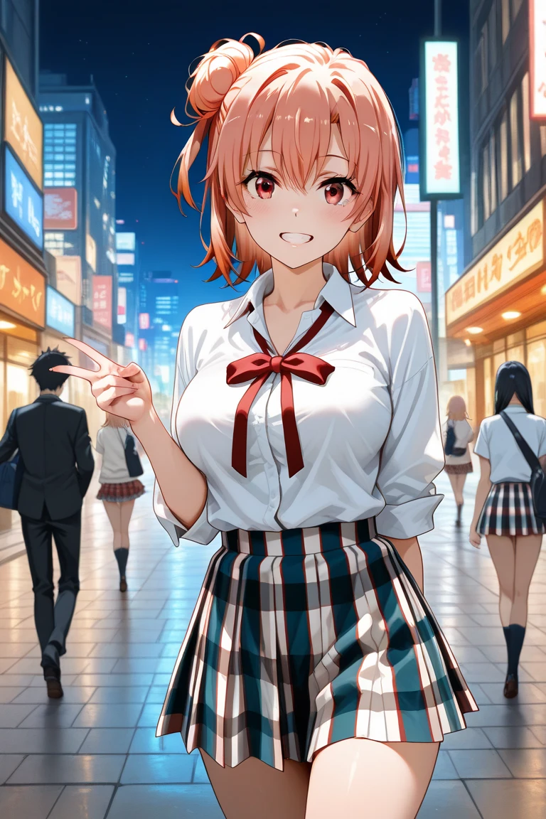 Shinjuku Kabukicho　Beauty　She lifts her skirt to show her red underwear and smiles.　There are many people walking in the background　night　Most restaurants